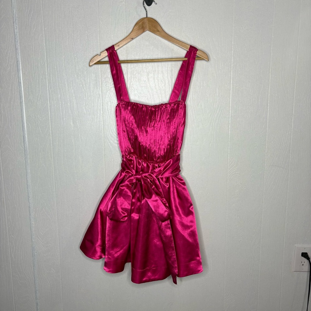 Anthropologie Hot Pink Satin Mini Dress with Bow - Picture 2 of 14